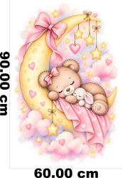 Wandtattoo Teddybär mit Häschen auf Sichelmond rosa Aquarell Mädchen