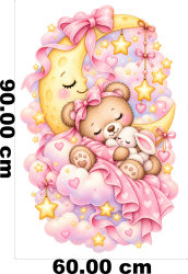 Wandtattoo Teddybär mit Häschen auf Sichelmond rosa Aquarell Mädchen