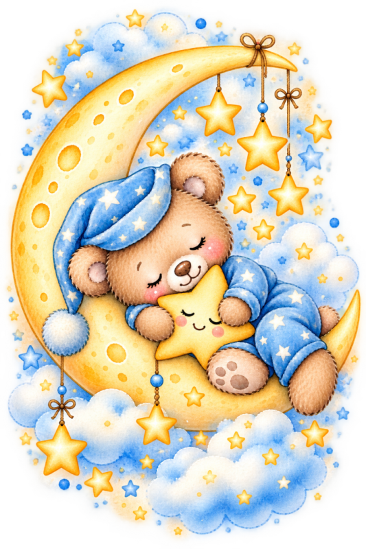 Teddy Bear on Crescent Moon Wall Decal with Star Blue Watercolor Boys