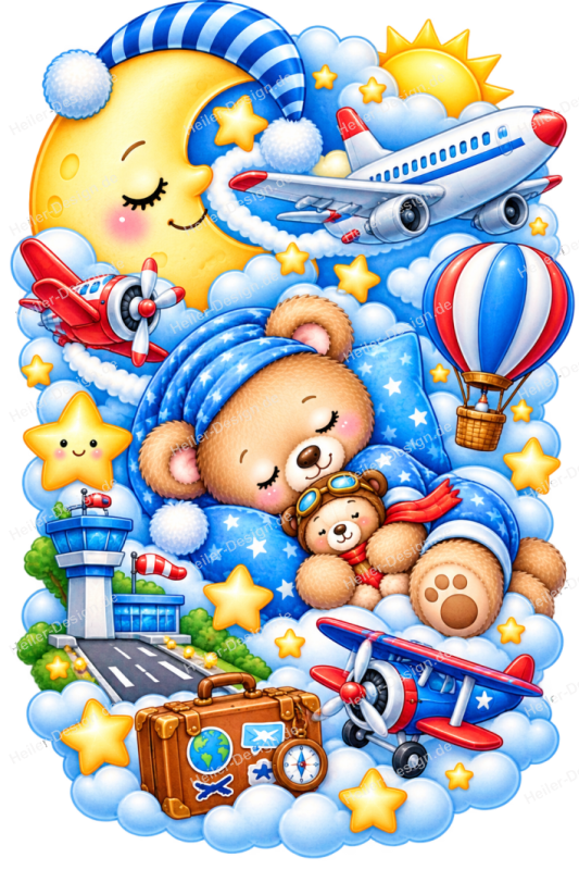 Wandtattoo Teddybär mit Flugzeugen Heißluftballon Flughafen für Jungen