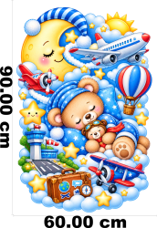Wandtattoo Teddybär mit Flugzeugen Heißluftballon Flughafen für Jungen
