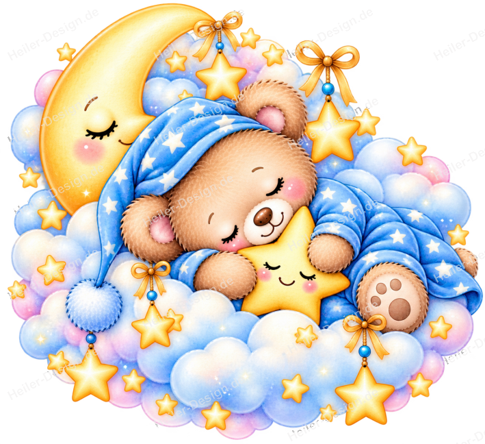 Teddy Bear on Clouds Wall Decal with Crescent Moon and Stars Watercolor Blue