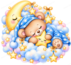 Teddy Bear on Clouds Wall Decal with Crescent Moon and Stars Watercolor Blue