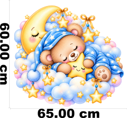Teddy Bear on Clouds Wall Decal with Crescent Moon and Stars Watercolor Blue