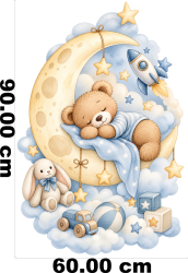 Wandtattoo Teddybär auf Sichelmond mit Rakete Hase Spielzeug Aquarell Blau