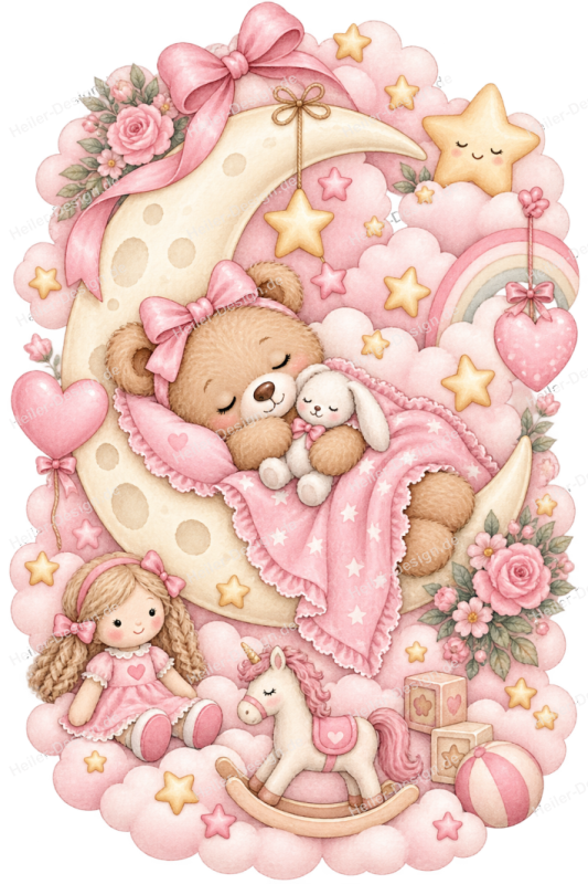Wandtattoo Teddybär mit Häschen auf Sichelmond Spielzeug Aquarell Rosa
