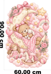 Wandtattoo Teddybär mit Häschen auf Sichelmond Spielzeug Aquarell Rosa