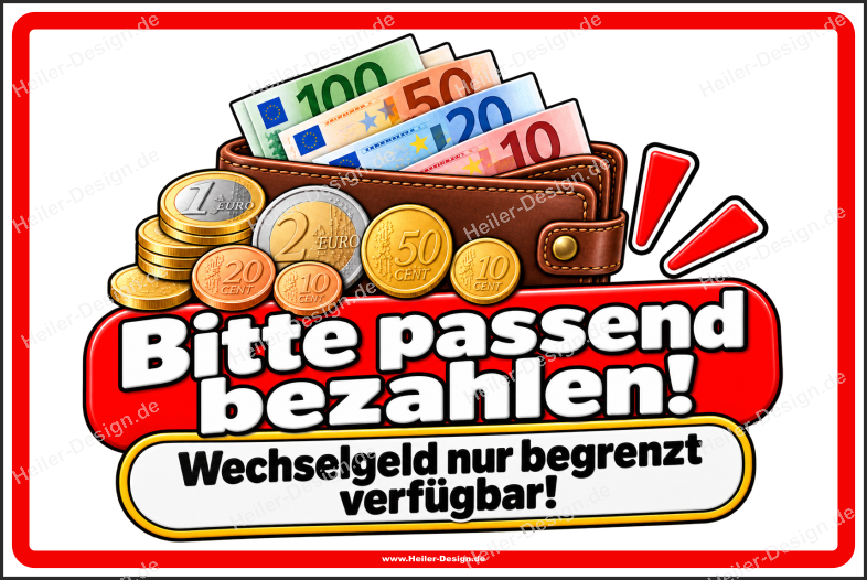 Hinweisschild Bitte passend bezahlen – Wechselgeld nur begrenzt verfügbar