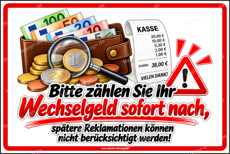 Schild Bitte zählen Sie Ihr Wechselgeld sofort nach, spätere Reklamationen können nicht berücksichtigt werden! - 5