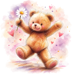 Wandtattoo Teddybär mit Margerite und Herzen im Aquarellstil für Kinderzimmer