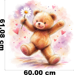 Wandtattoo Teddybär mit Margerite und Herzen im Aquarellstil für Kinderzimmer