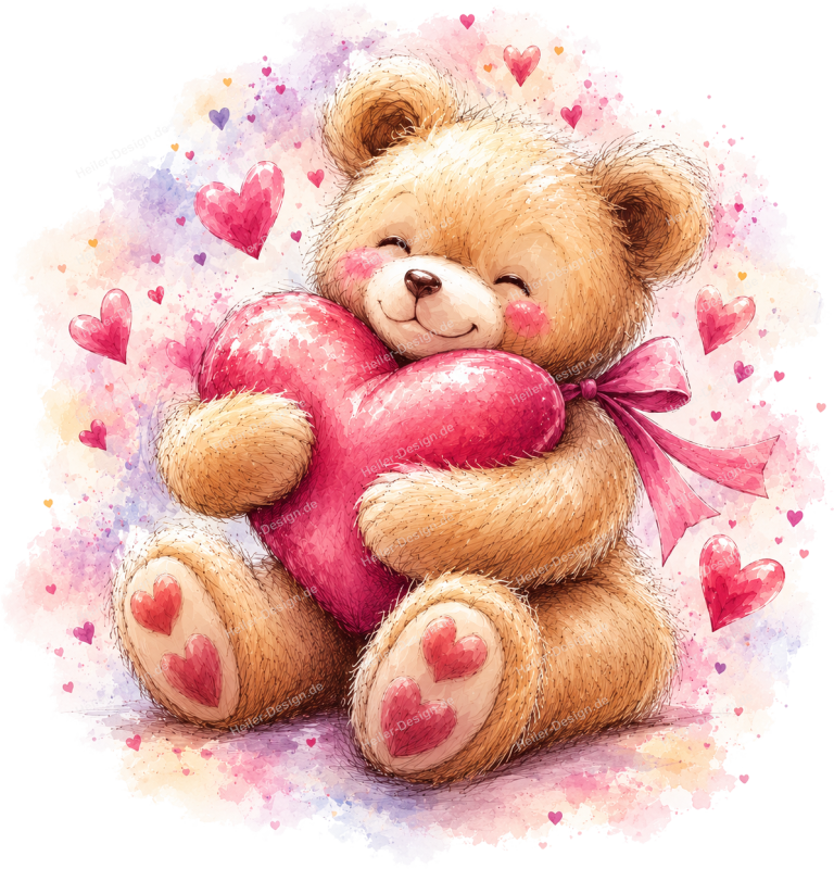 Wandtattoo Teddybär mit großem rosa Herz und Herzen im Aquarellstil