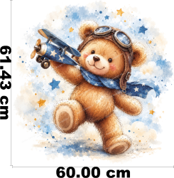 Wandtattoo Teddybär Pilot mit Flugzeug Fliegerbrille und Sternen im Aquarellstil