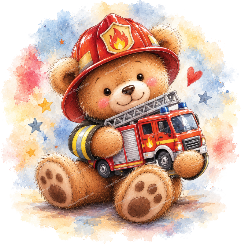 Wandtattoo Feuerwehr Teddybär mit Feuerwehrauto und Feuerwehrhelm im Aquarellstil