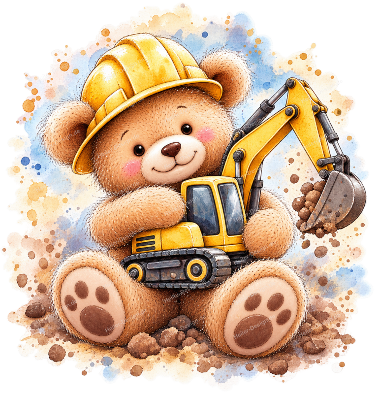 Wandtattoo Teddybär Bauarbeiter mit Bagger und Bauhelm im Aquarellstil
