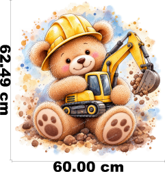 Wandtattoo Teddybär Bauarbeiter mit Bagger und Bauhelm im Aquarellstil