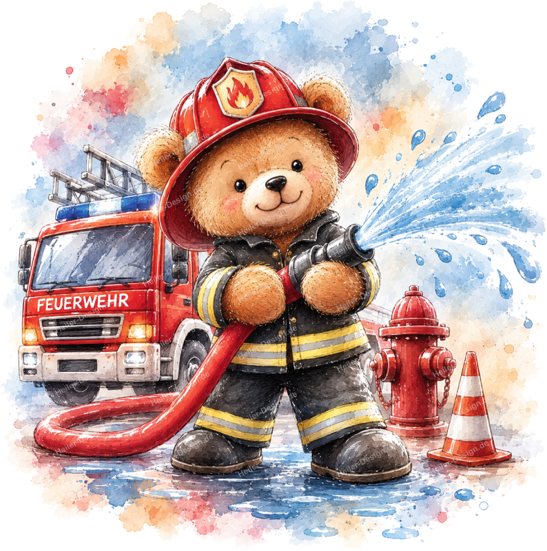 Wandtattoo Feuerwehr Teddybär mit Feuerwehrauto Feuerwehrschlauch und Hydrant im Aquarellstil