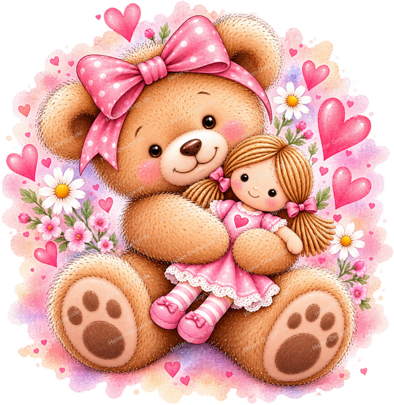 Wandtattoo Teddybär mit Puppe Herzen und Blumen im Aquarellstil