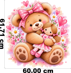 Wandtattoo Teddybär mit Puppe Herzen und Blumen im Aquarellstil
