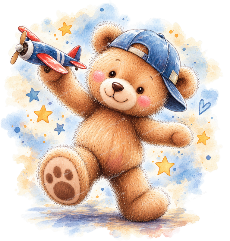 Wandtattoo Teddybär mit Spielzeugflugzeug Baseballcap und Sternen im Aquarellstil