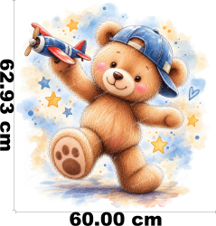 Wandtattoo Teddybär mit Spielzeugflugzeug Baseballcap und Sternen im Aquarellstil