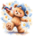 Wandtattoo Teddybär mit Spielzeugflugzeug Baseballcap und Sternen im Aquarellstil