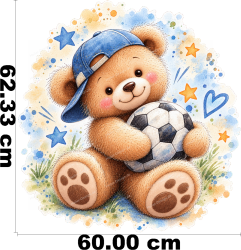 Teddy Bear Wall Decal with Soccer Ball Baseball Cap and Stars in Watercolor Style