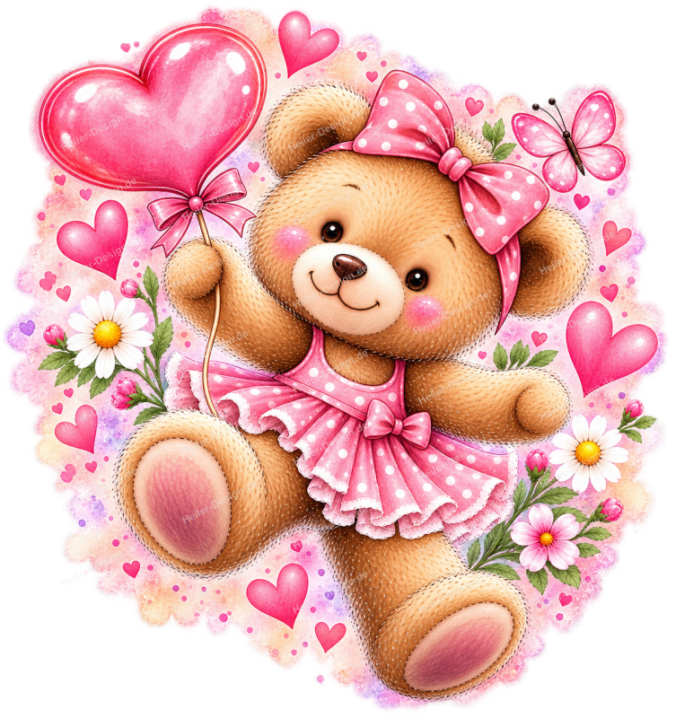 Wandtattoo Teddybär mit Herzballon Blumen und Schmetterling im Aquarellstil