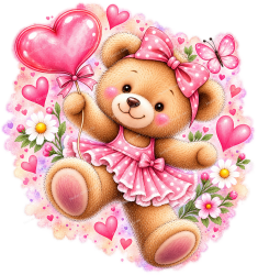 Wandtattoo Teddybär mit Herzballon Blumen und...