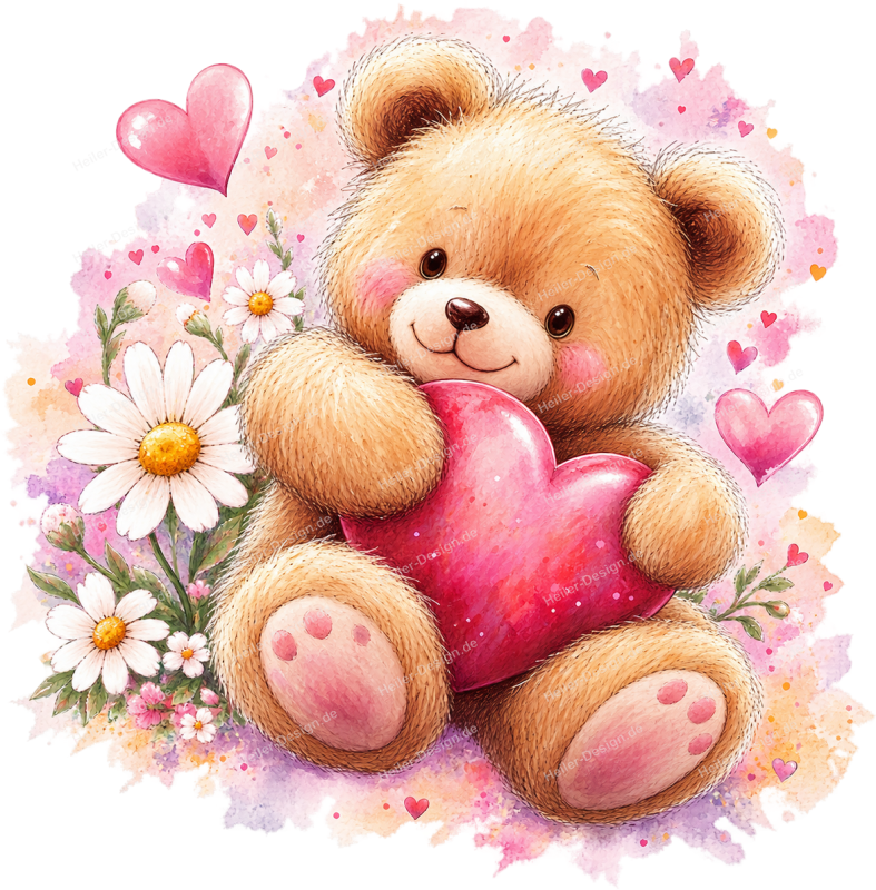 Wandtattoo Teddybär mit großem rosa Herz Blumen und Herzen im Aquarellstil
