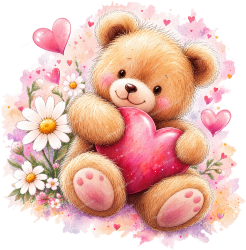 Wandtattoo Teddybär mit großem rosa Herz Blumen und Herzen im Aquarellstil