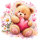 Wandtattoo Teddybär mit großem rosa Herz Blumen und Herzen im Aquarellstil