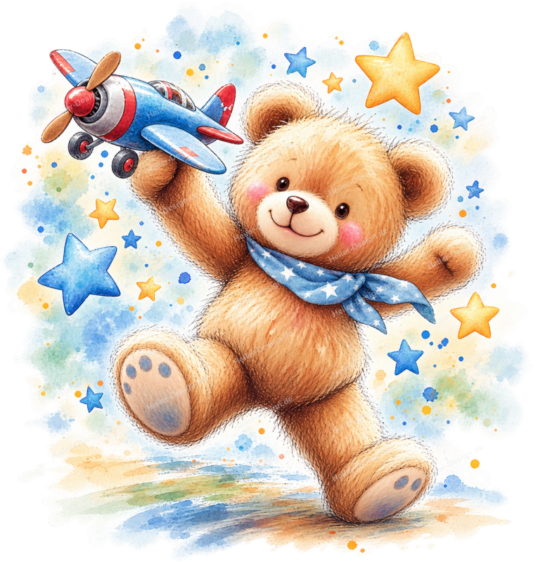Wandtattoo Teddybär mit Flugzeug und bunten Sternen im Aquarellstil