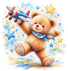 Wandtattoo Teddybär mit Flugzeug und bunten Sternen...