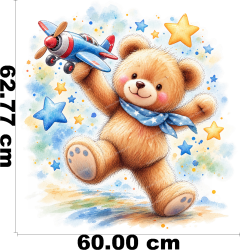 Wandtattoo Teddybär mit Flugzeug und bunten Sternen im Aquarellstil