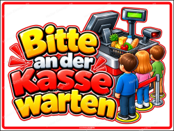 Hinweisschild Bitte an der Kasse warten