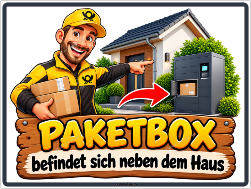 Hinweisschild Paketbox befindet sich neben dem Haus
