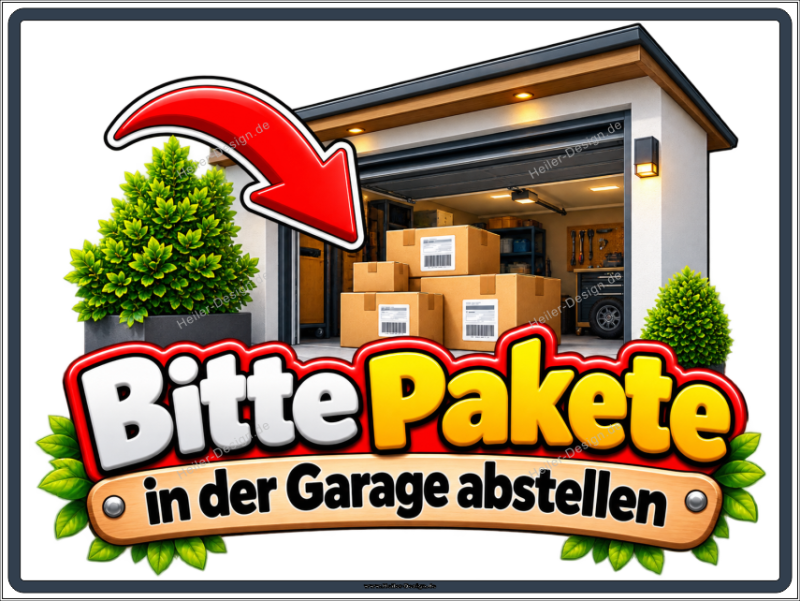 Hinweisschild Bitte Pakete in der Garage abstellen