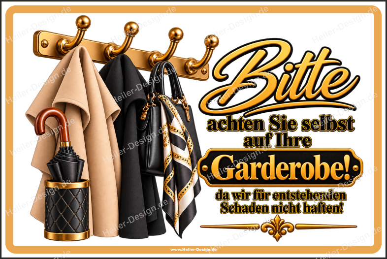 Hinweisschild Bitte achten Sie selbst auf Ihre Garderobe,da wir für entstehenden Schaden nicht haften!